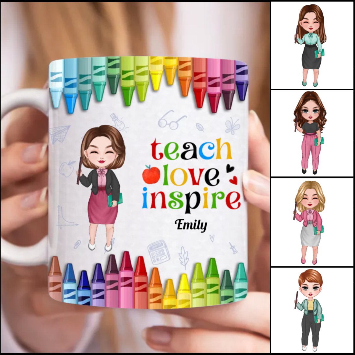 Teacher - Colorful Crayon Teach Love Inspire - Personalized Mug - Makezbright Gifts