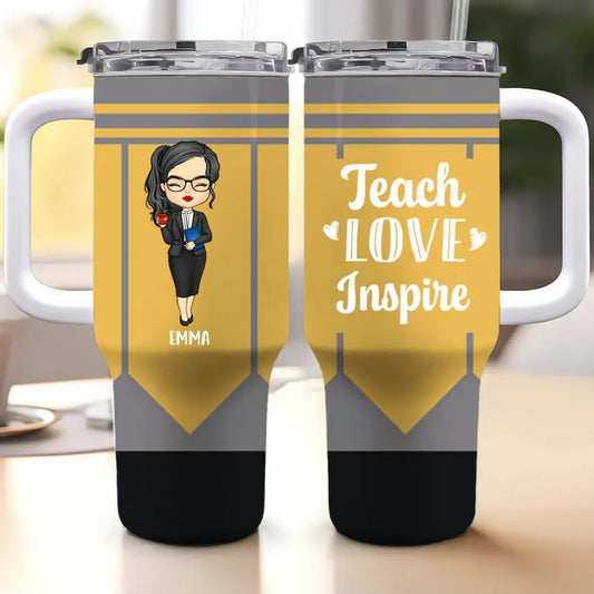 Teacher - Teach Love Inspire - Personalized Tumbler With Handle - Makezbright Gifts