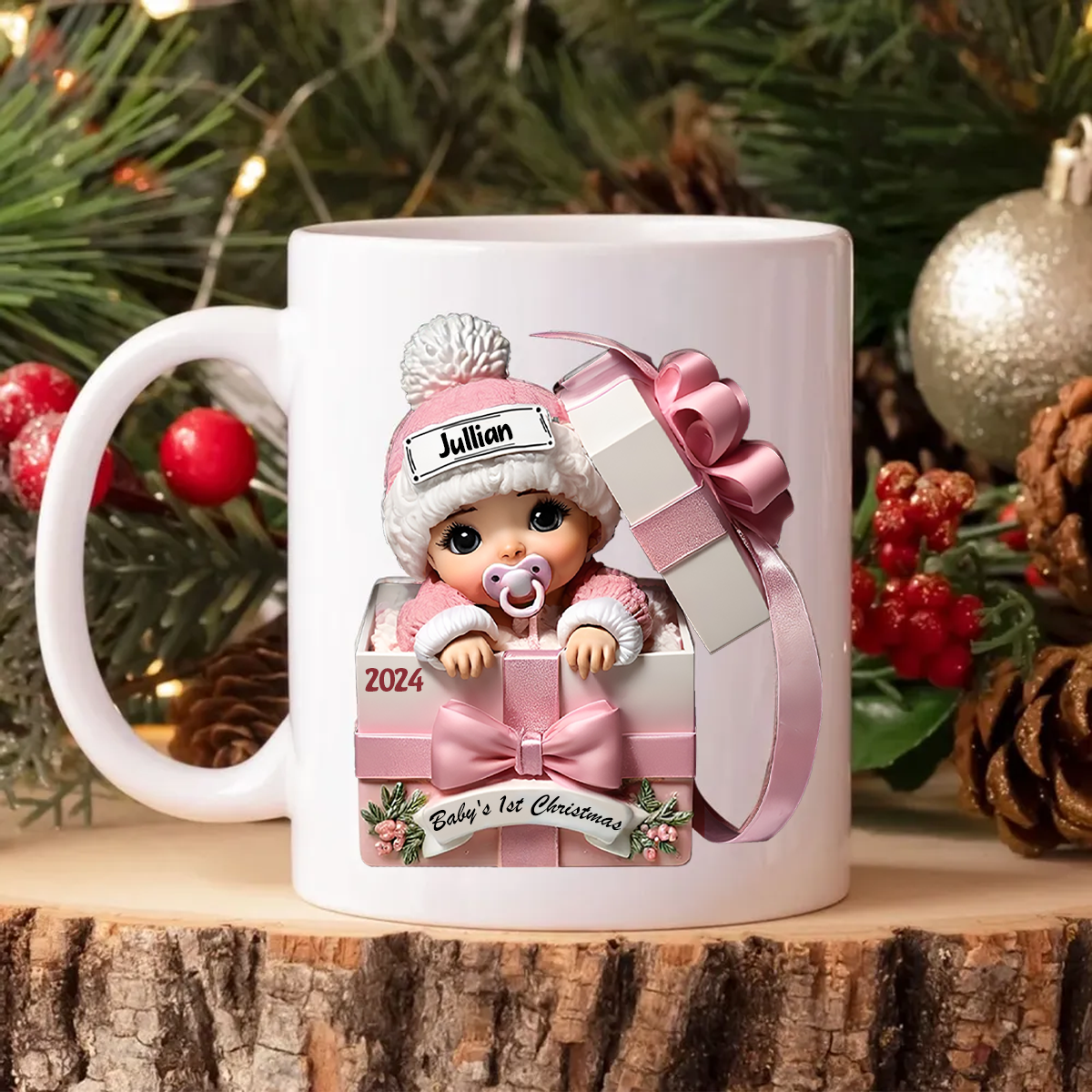 Baby Inside Gift Box 3D Effect Personalized Mug, Lovely Keepsake to Celebrate Baby's First Christmas