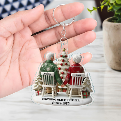 3D Effect Old Couple Growing Old Together Christmas Personalized Flat Acrylic Keychain, Christmas Gift For Him, For Her, Husband, Wife