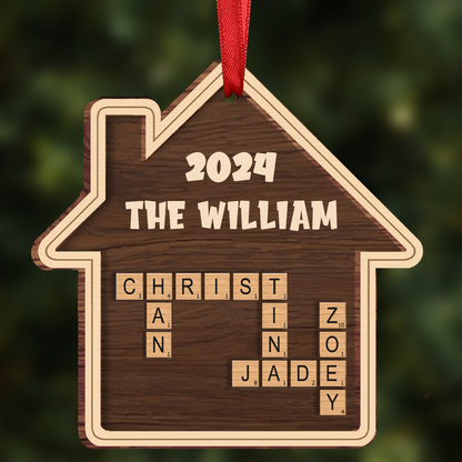 Christmas Family House Crossword Scrabble - Personalized Wooden Ornament