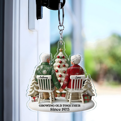 3D Effect Old Couple Growing Old Together Christmas Personalized Flat Acrylic Keychain, Christmas Gift For Him, For Her, Husband, Wife