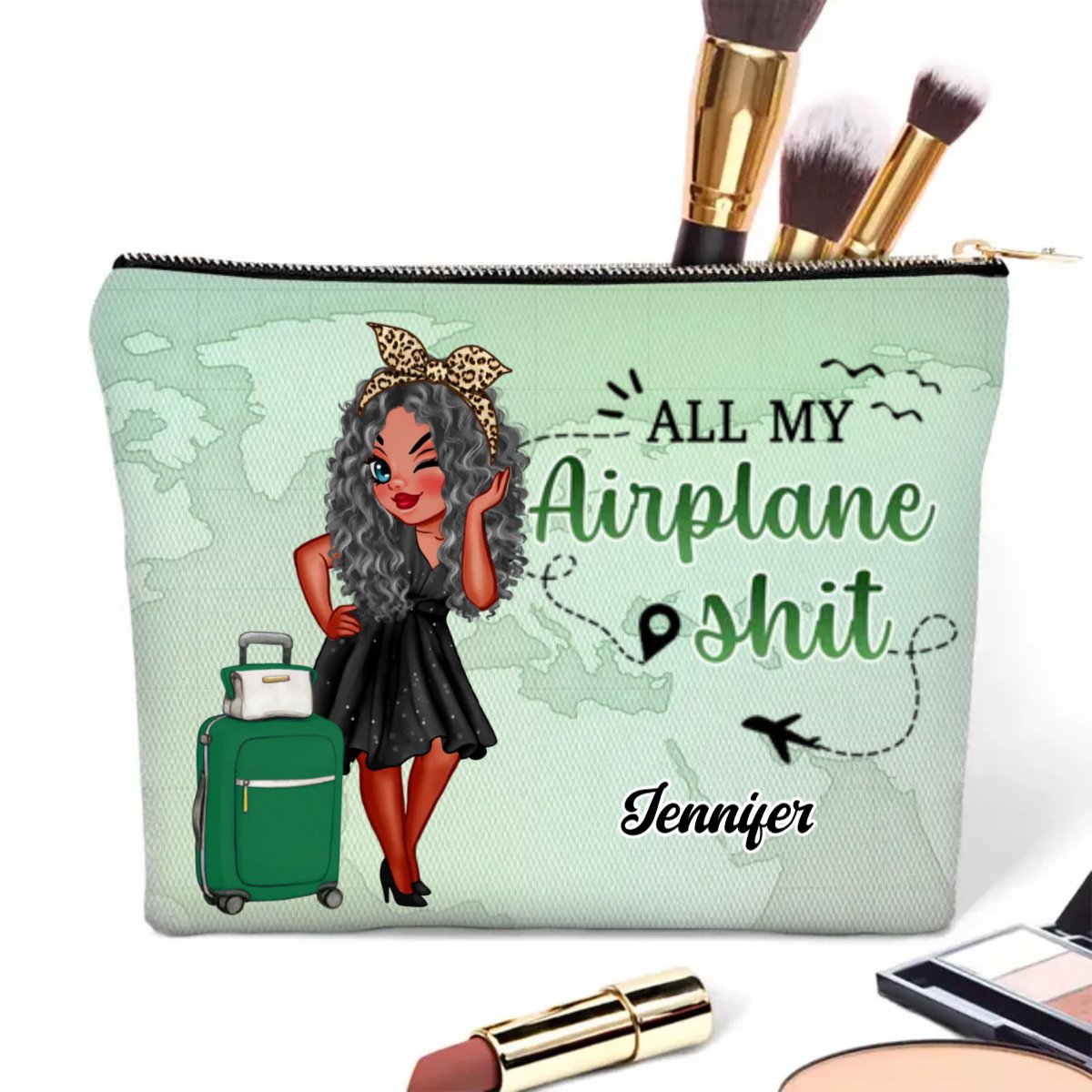 Travel Lovers - All My Travel Crap Cartoon Woman - Personalized Cosmetic Bag - Makezbright Gifts